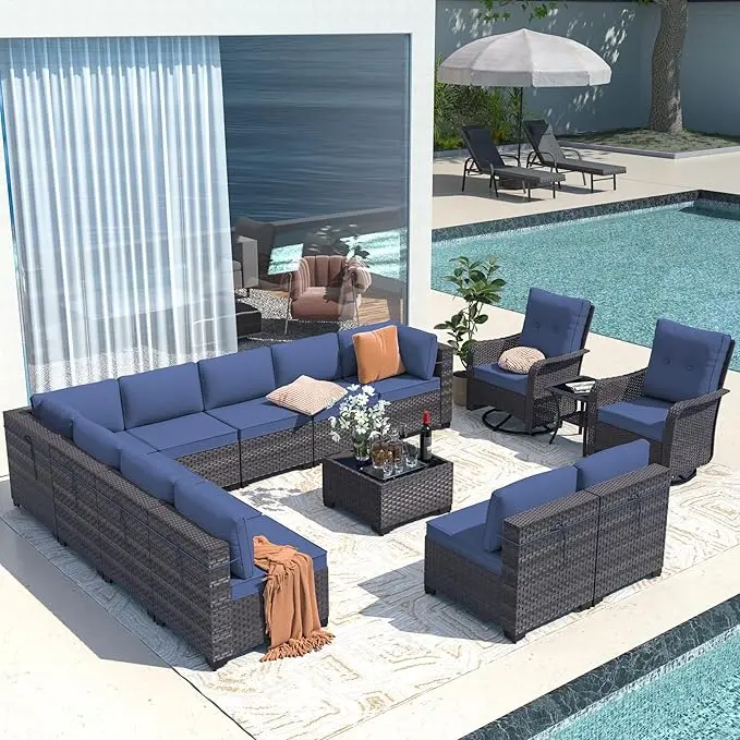 

Patio Furniture Set 14 Pieces Modular Couch Set w/2 Swivel Chairs w/Thick Cushions & Coffee Table Patio Conversation Set