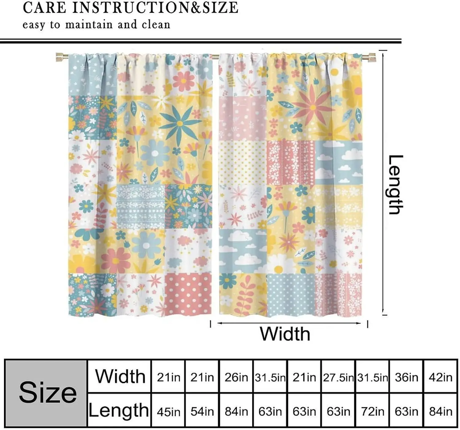 Multi-Color Grid Splicing Wild Flower Dot Print Blackout Rod Pocket Curtain Soft Pastel Cute Decor Teen Homestay Bedroom Rest