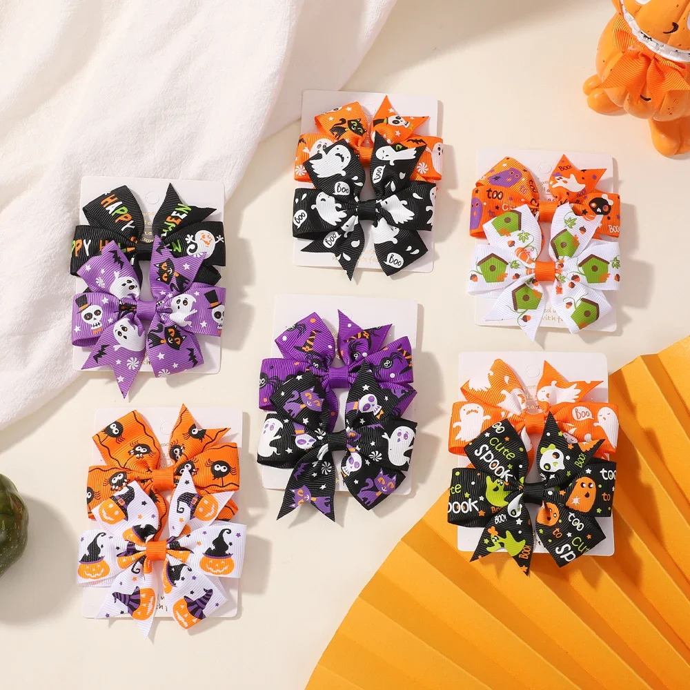 

2Pcs Halloween Pumpkin Ghost Print Hair Bows Hair Clip for Girls Cute Bowknot Hairpin Headwear Toddle Kids Hair Accessories