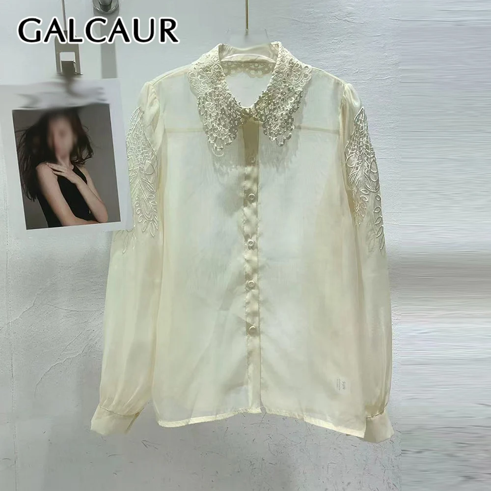 

GALCAUR Solid Spliced Lace Shirt Female Lapel Long Sleeve Loose Sheer Elegant Women's Shirts Autumn Fashion Style New Clothing