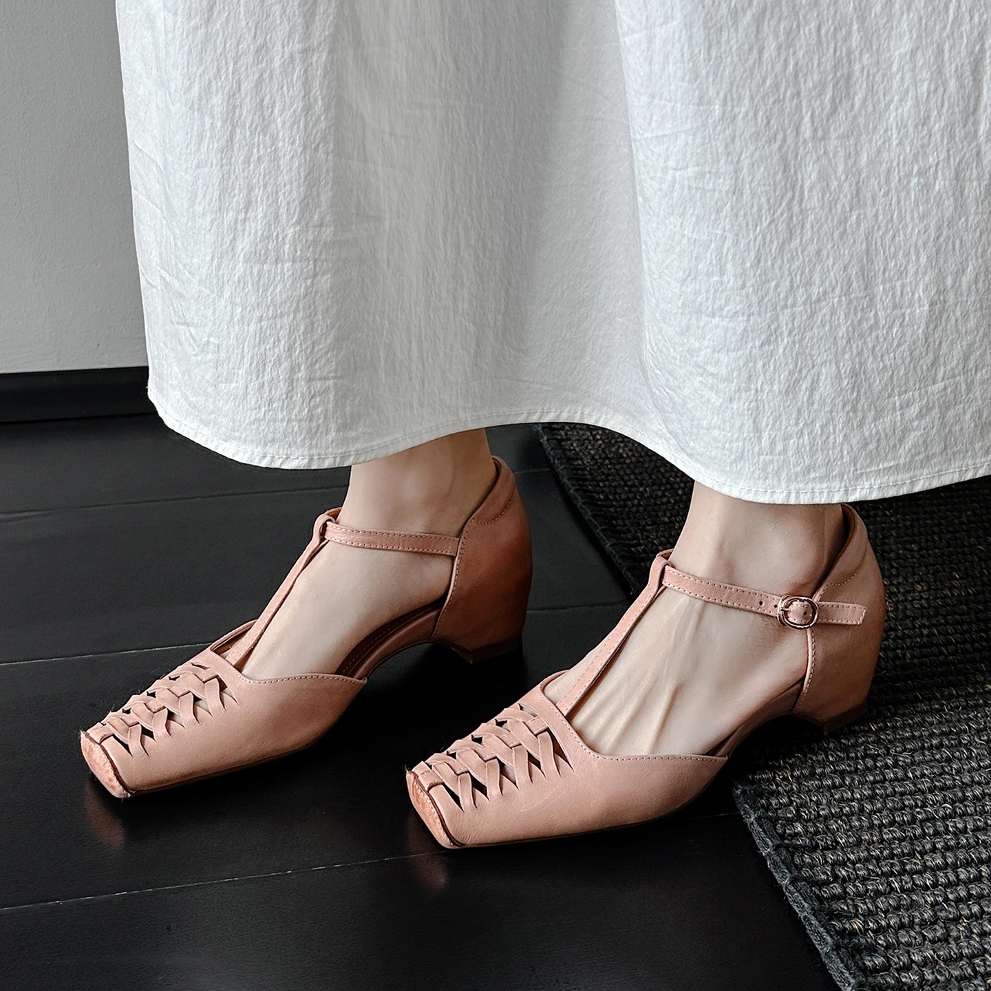 

Genuine Leather Square Toe Women Sandals, Internal Height Increase Summer Slingback Hollow Women Shoes