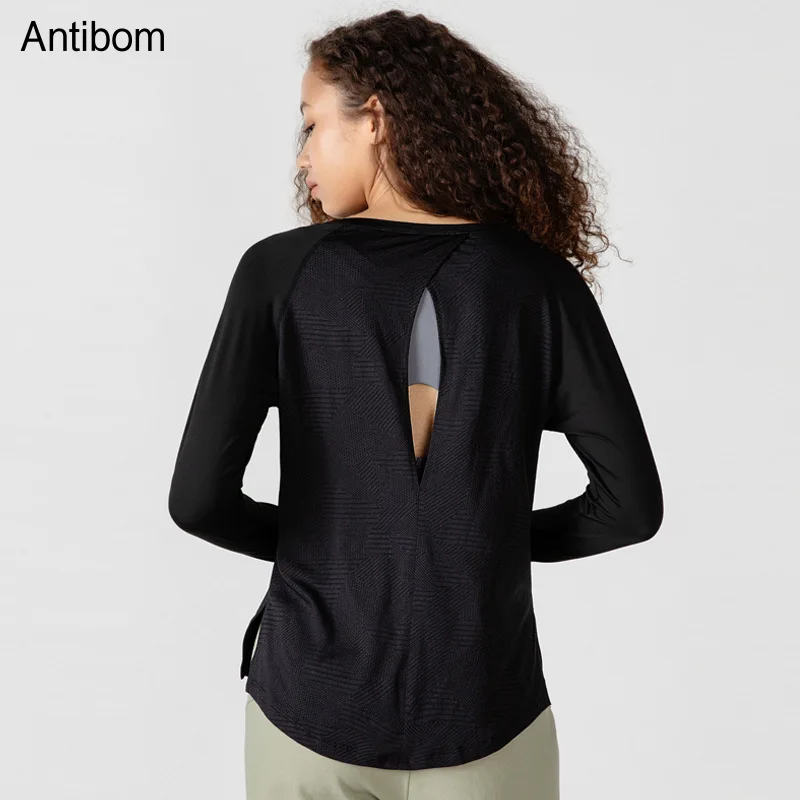 Antibom Women\'s Sports T-shirt Long Sleeve Round Neck Quick Drying Yoga Shirts Loose Sexy Hollow Back Fitness Gym Clothing