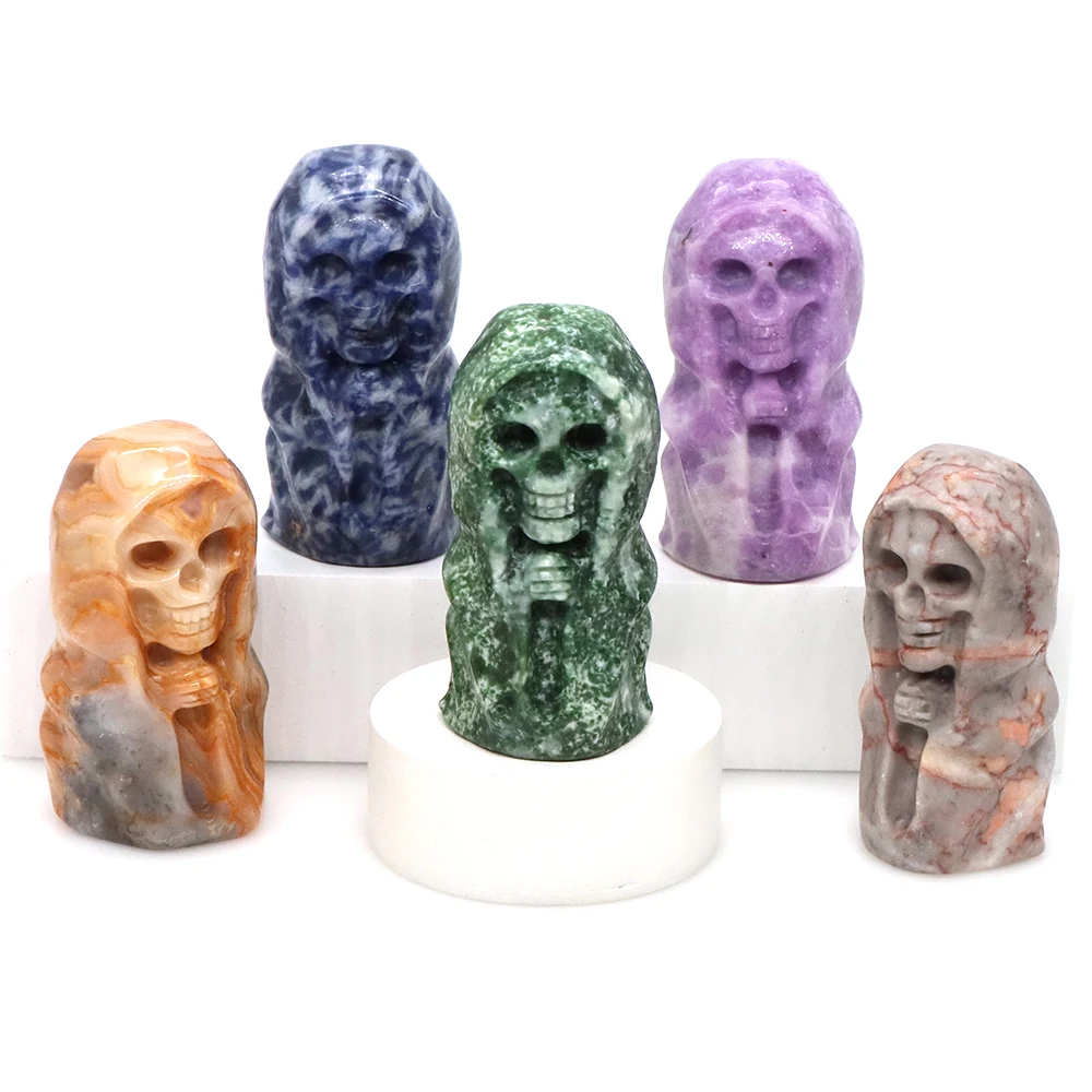 

59MM Halloween Gift Skull Head Azrael Figurine Natural Stones Healing Crystal Energy Gemstone Hand Carved Crafts Home Decoration