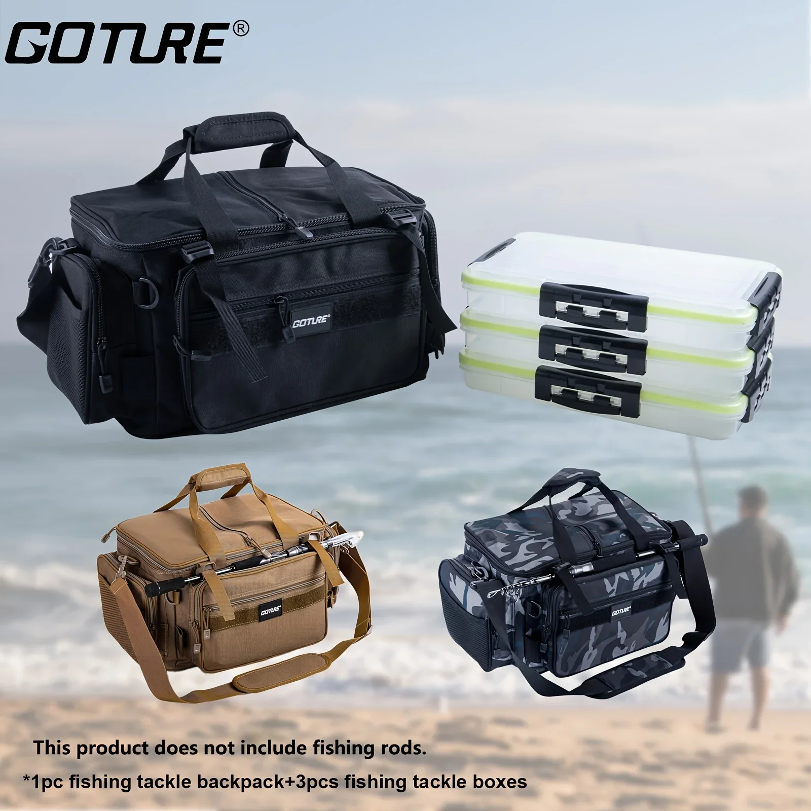 

Goture Waterproof Fishing Backpack 3 Tackle-Box Included Shockproof EVA Base for Saltwater/Bass Gear 38×24×23cm Compact Design