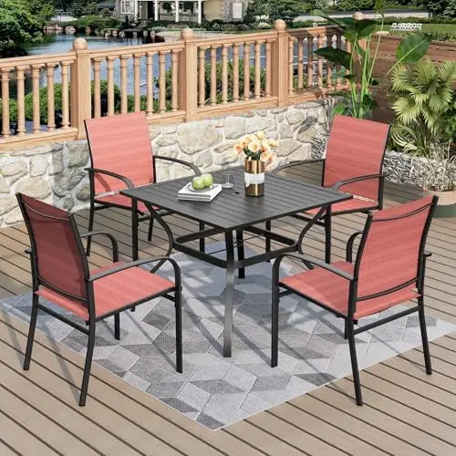

5-Piece Outdoor Patio Set with Red Textilene Chairs & 37' Table