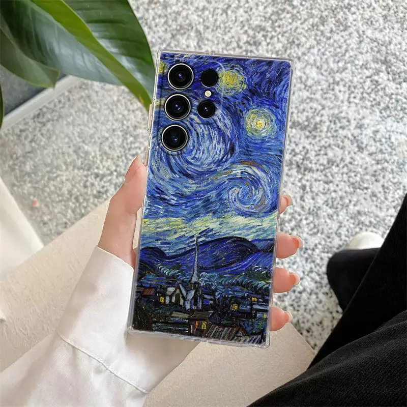 Cat Van Gogh Starry Night Oil Painting Phone Case For Samsung Galaxy S24 S23 Ultra S22 S20 Plus S21 FE Clear Cases Cover Fundas