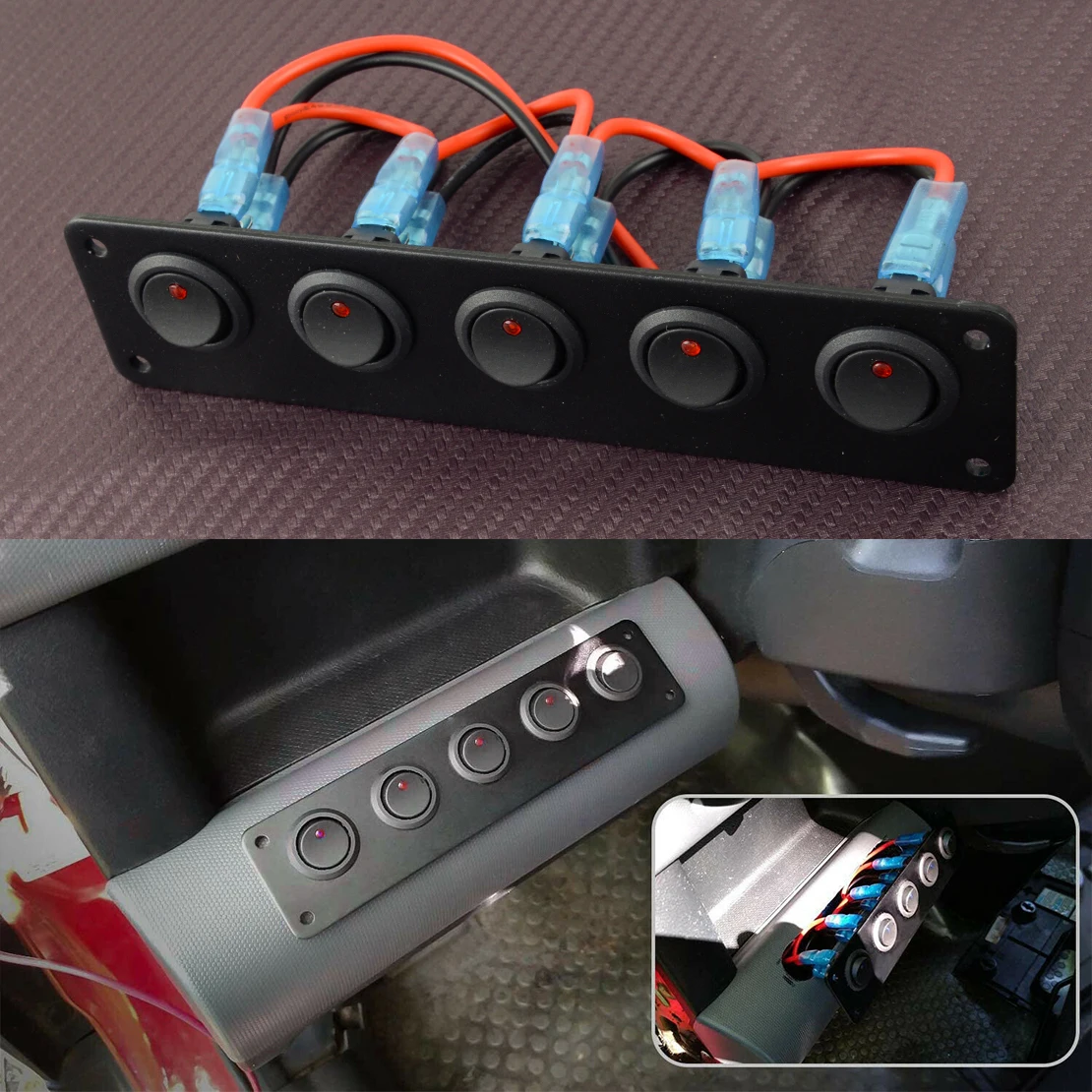 Car Red Led 5 Gang Center Rocker Toggle Switch Panel for Truck RV Boat Marine Caravan Dash 12V-24V ON-OFF