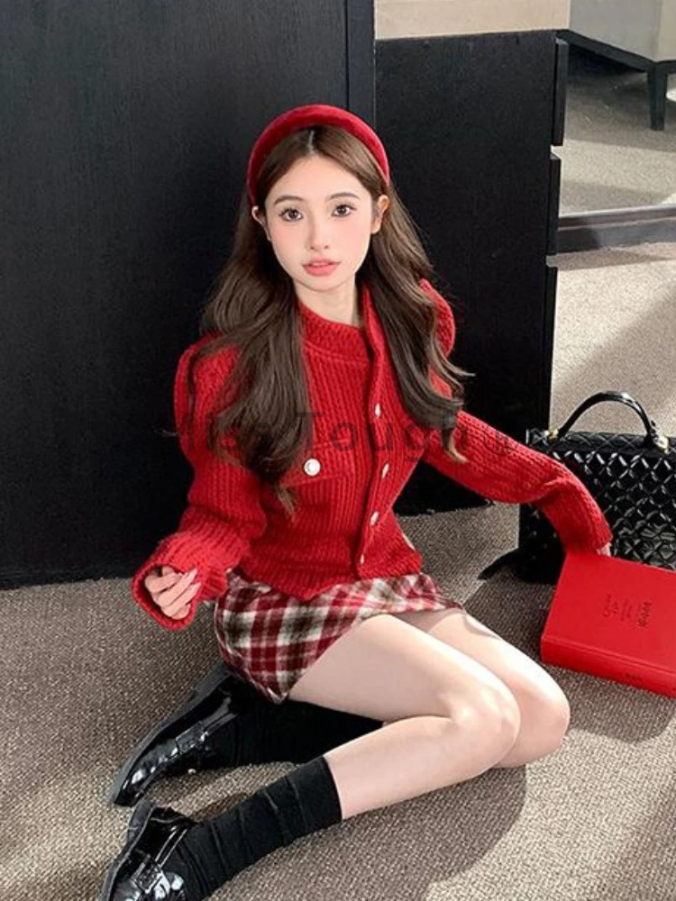 Winter 2024 Red Vintage Plaid Skirt Suit Women Christmas Short Sweater + Sweet Mini Skirt Knit Korean Fashion New Two Piece Sets