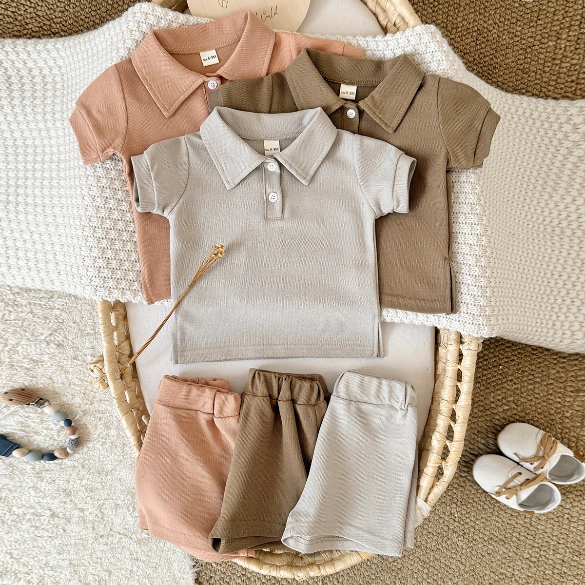 Summer Baby Boys and Girls Breathable lapel Neck Short Sleeve Shorts Casual Style Set Two-piece Set for Babies 0-3Y