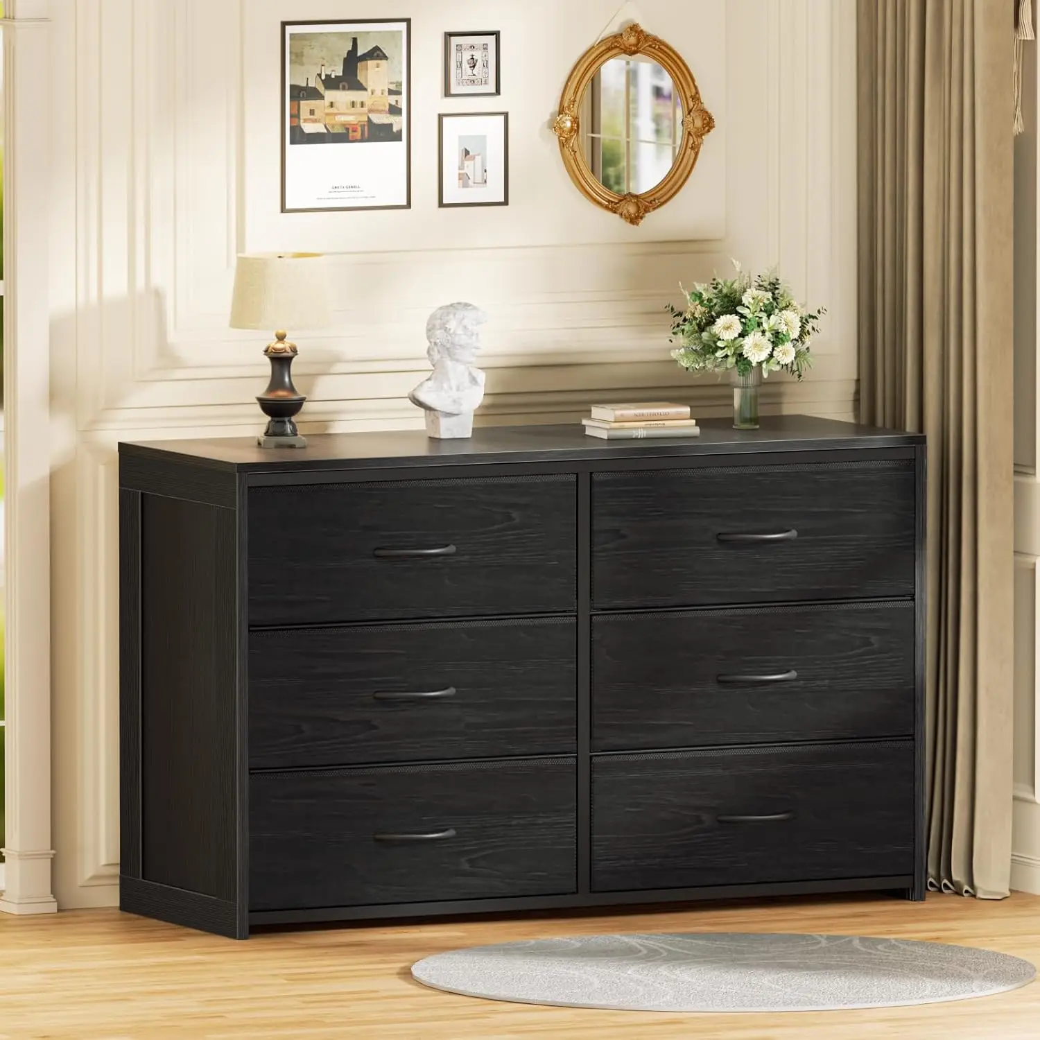 

Black Dresser for Bedroom, 6 Drawer Dresser for Closet, TV Stand Entertainment Center for Living Room,Wooden Top Chest of Drawer