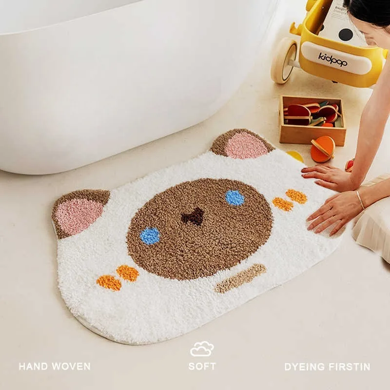 Cartoon Cat Flocked Carpet Kids Room Bath Mat Non-Slip Doormat Absorbent Bedside Rug Plush Nursery Floor Mat Cozy Home