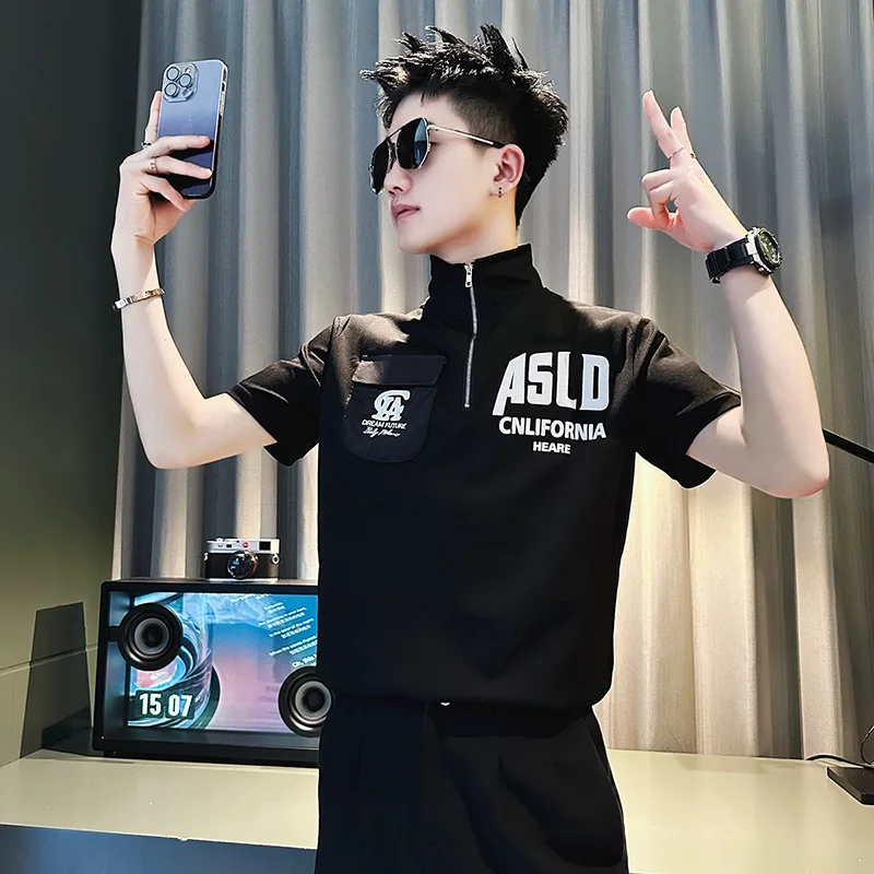 

2023 Fine Men's Fashion Casual Korean Version Slim Everything Handsome Social Guy Male Tide Round Neck Short Sleeve T-shirt