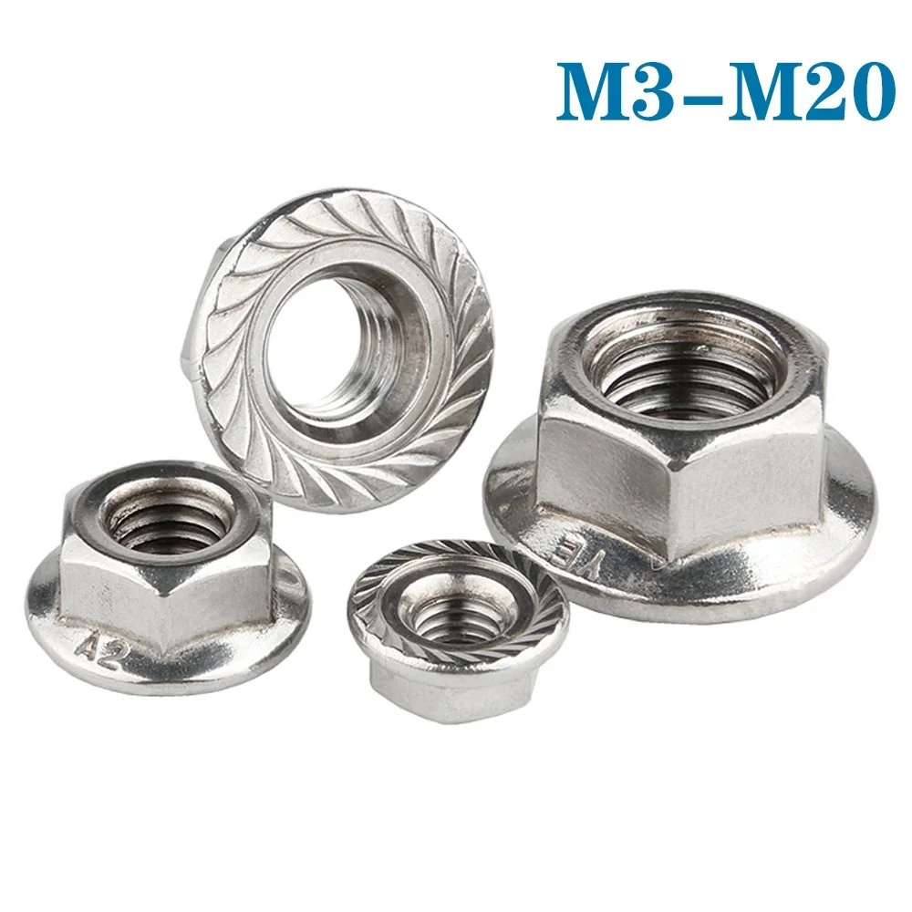 

10Pcs M3 M4 M5 M6 M8 M10 M12 M16 M20 Hexagon Flange Nuts 304 Stainless Steel Pinking Automatic Locking Nut Serrated Spinlock