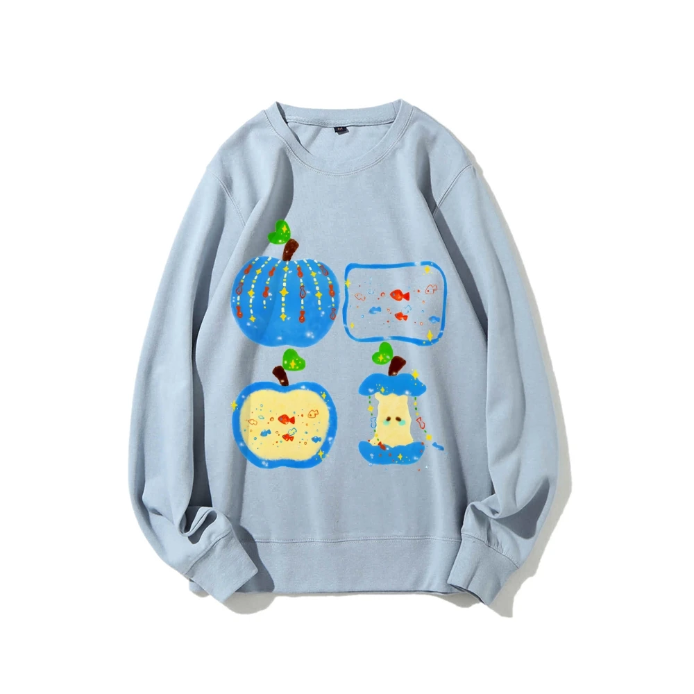 เสื้อกันหนาว Y2K กราฟิก Hoodie Blue Apples Premium Cotton คุณภาพสูง Oversize สีสัน Hoodie ผลไม้ Slice พิมพ์ Artsy Y2K สไตล์