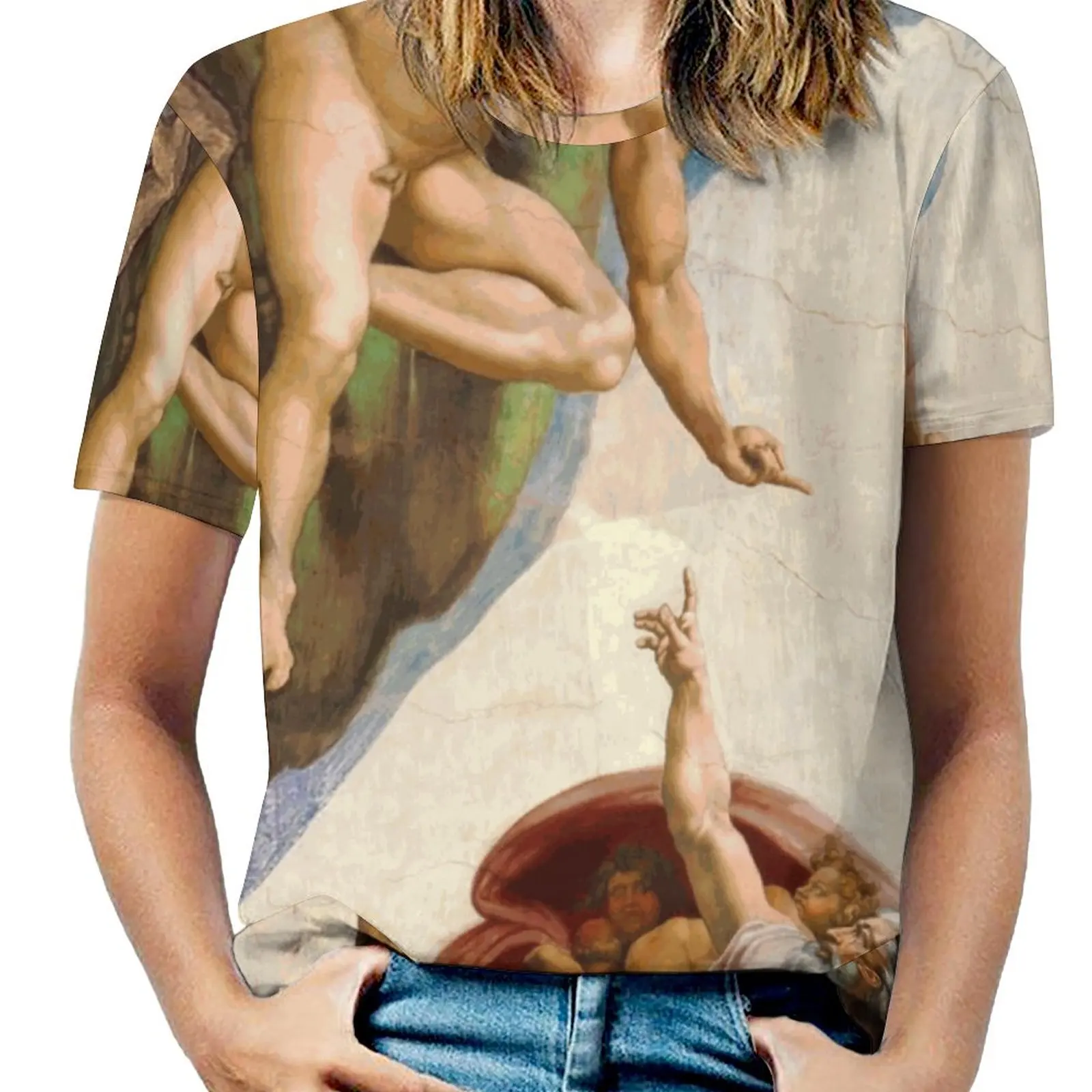 Michelangelo-Creation Of Atheist Adam-Close Up-Looking Down Women T-Shirt Crewneck Casual Short Sleeve Tops Summer Tees