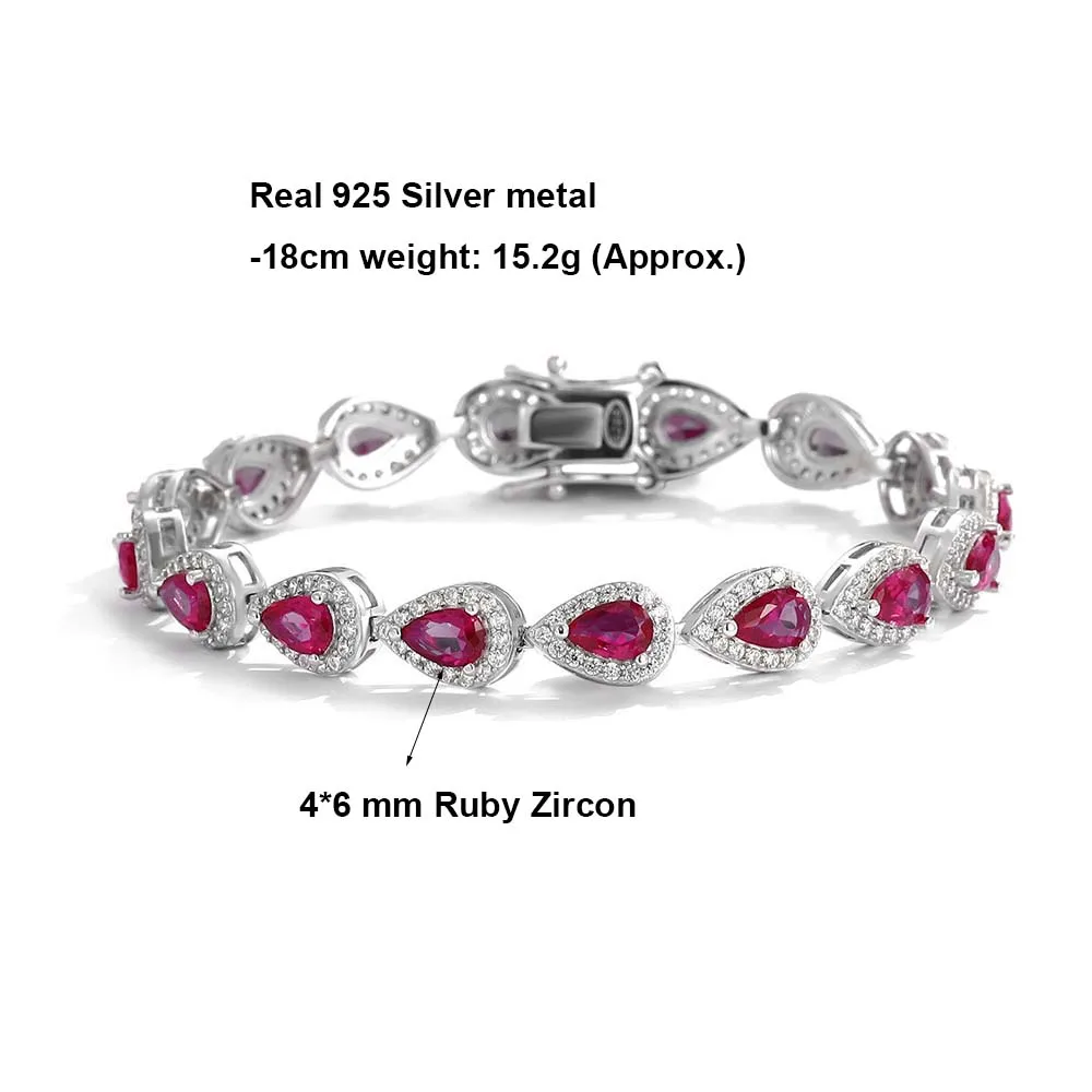 Real 925 Pulseira de Prata para Mulheres, Tear Drop Ruby Zircon, Solid Pave Jewelry, Presente De Casamento, 4x5mm