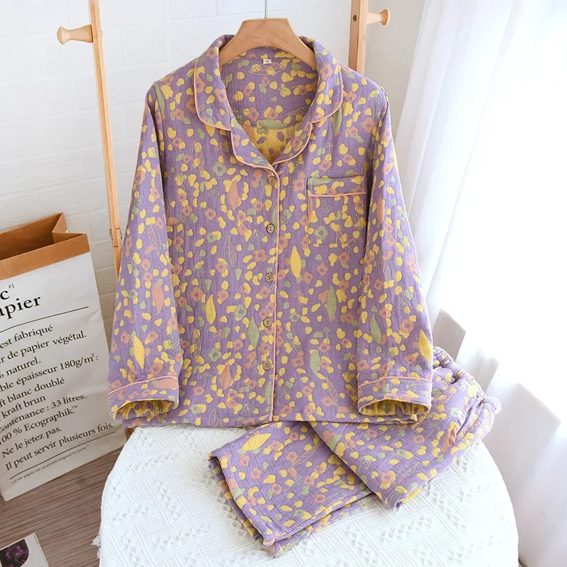 

2023 New Autumn And Winter Women's Pajama Set 100% Cotton Crepe Printed Long Sleeve Pants Two Piece Home Suit Set Sleepwear