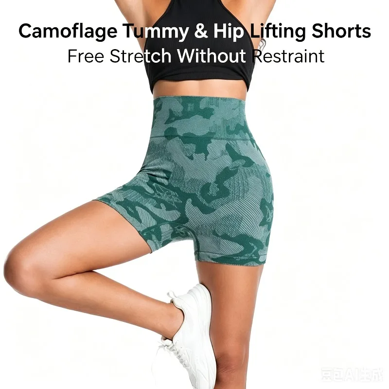 Summer Camouflage Ribbed Women's Yoga Shorts High Waist Peach Hip High Slim Anti Chafing Fitness Jogging Daily Sports Shorts