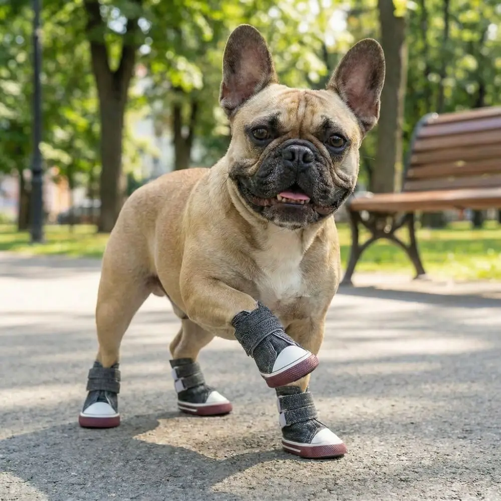 4pcs/set Adjustable Non-Slip Pet Shoes Wear-Resistant Rubber Soles Puppy Booties Breathable Pet Board Shoes Outdoor