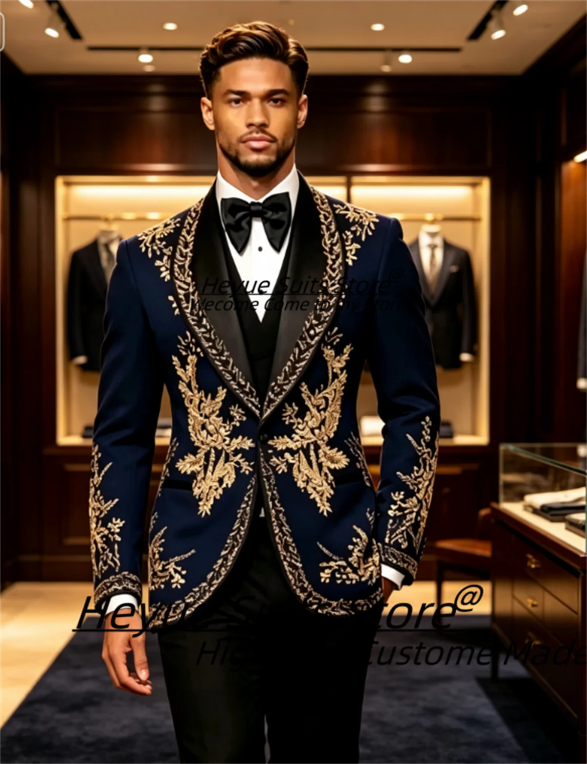 Elegant Handcrafted Gold Embroidery Men Suits Customized Slim Fit Navy Blue Shawl Lapel Groom Wedding Tuxedos 3 Pieces Sets