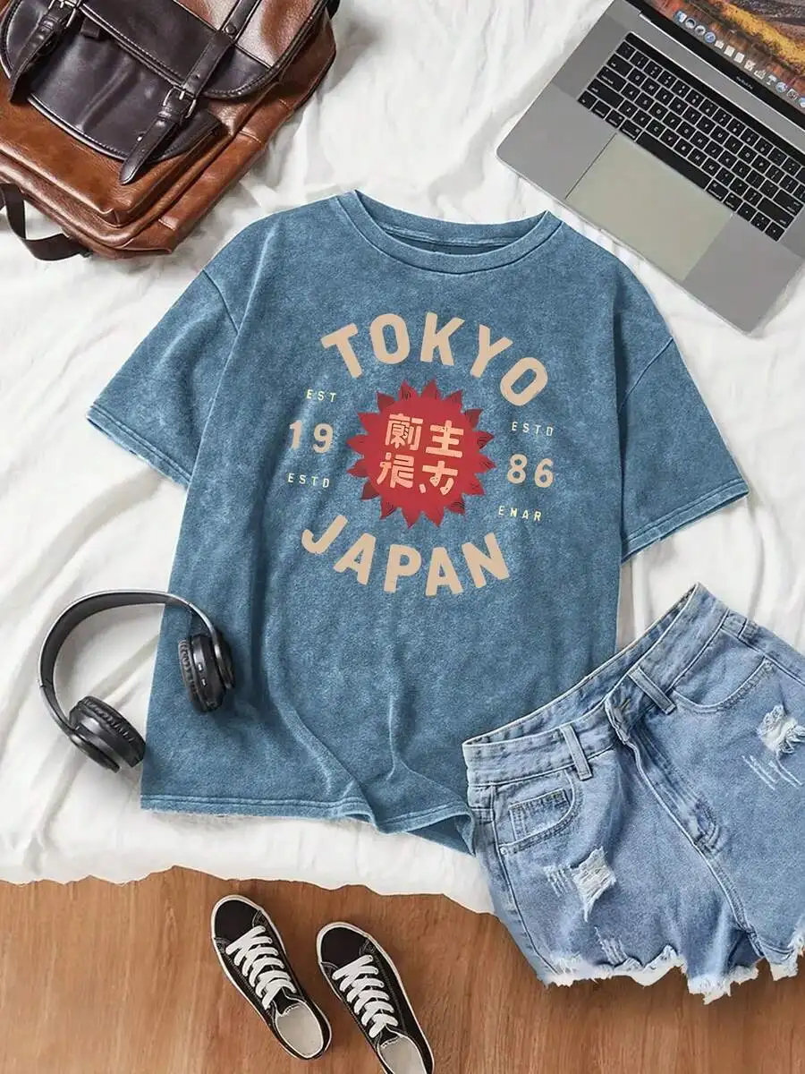 

Vintage Washed Tokyo Japan Graphic T-Shirt Oversized Short Sleeve For Women