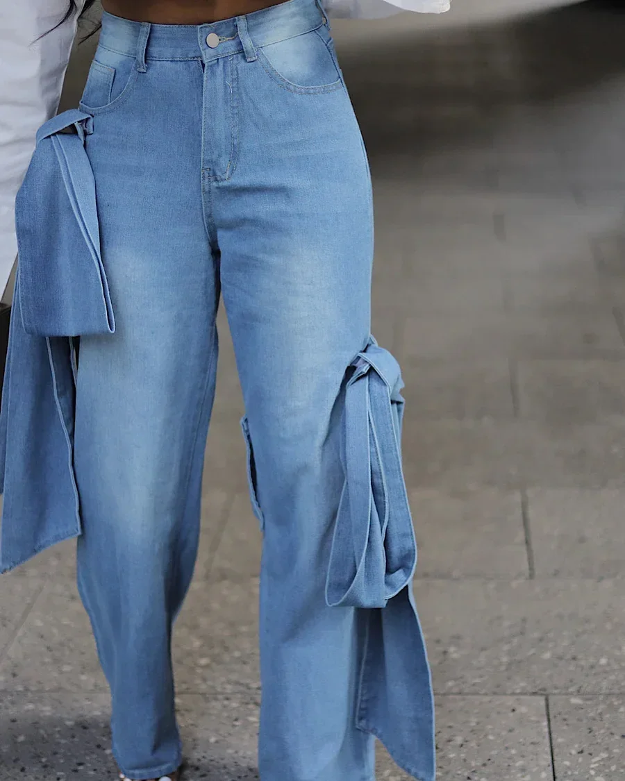 Women Street Fashion High Waist Zipper Fly Wide Leg Straight String Jeans Trousers 2024 Summer Chic Denim Pants