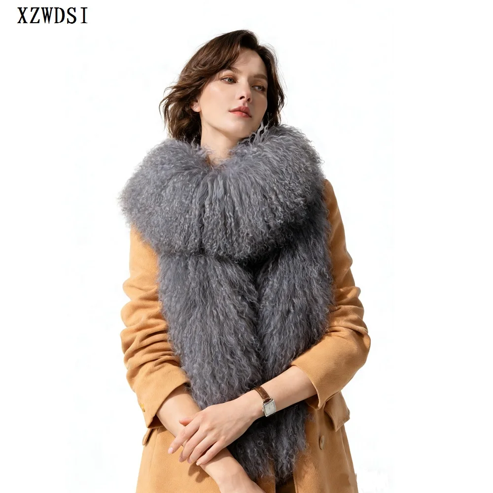 

200cm Gorgeous Women Winter Decor Fluffy Scarves Natural Real Mongolian Lamb Fur Long Scarf