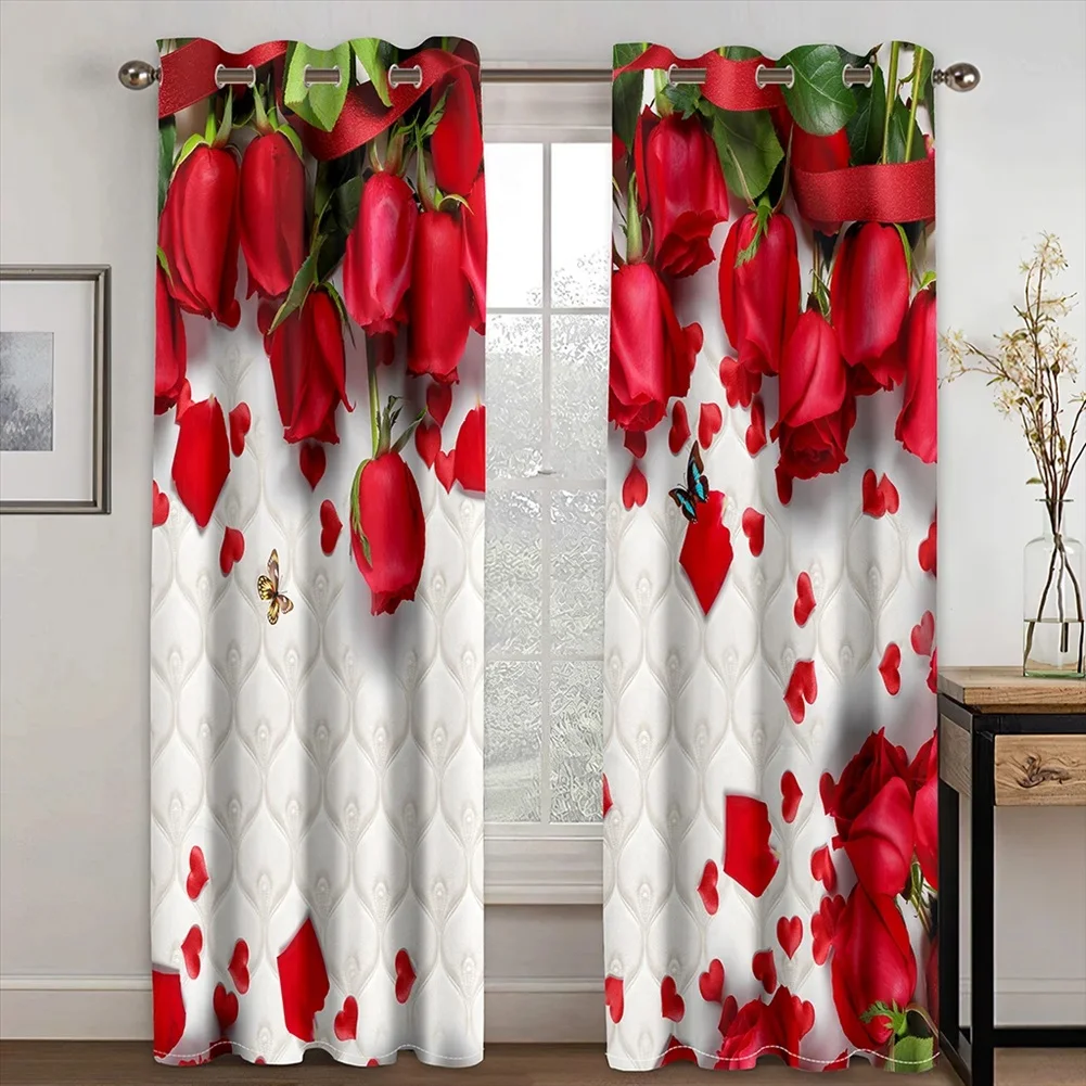 Red Rose Flower Plant Window for Bedroom and Living Room 2 Pieces Modern Voile Organza Decorative Curtains Drapes