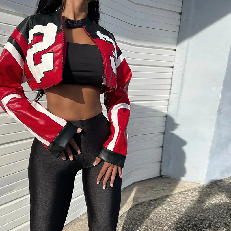 

Women Jackets Spring Autumn Fashion Motorcycle Pu Leather Color Blocking Patchwork Crop Bomber Jacket Long Sleeve Short Coats