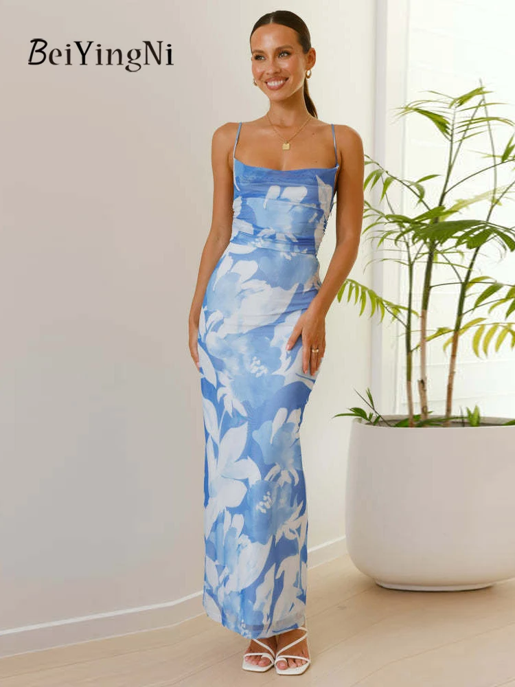 

Beiyingni Women Long Party Dress Summer Print Skinny Spaghetti Strap Pack Hip Dresses for Woman Elegant Sexy Maxi Vestidos Robe