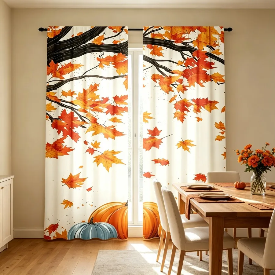 2PCS Digital Print Curtain, Watercolor Maple Leaves Orange Blue Pumpkin, Fall Thanksgiving, for Living Room Bedroom Window Decor