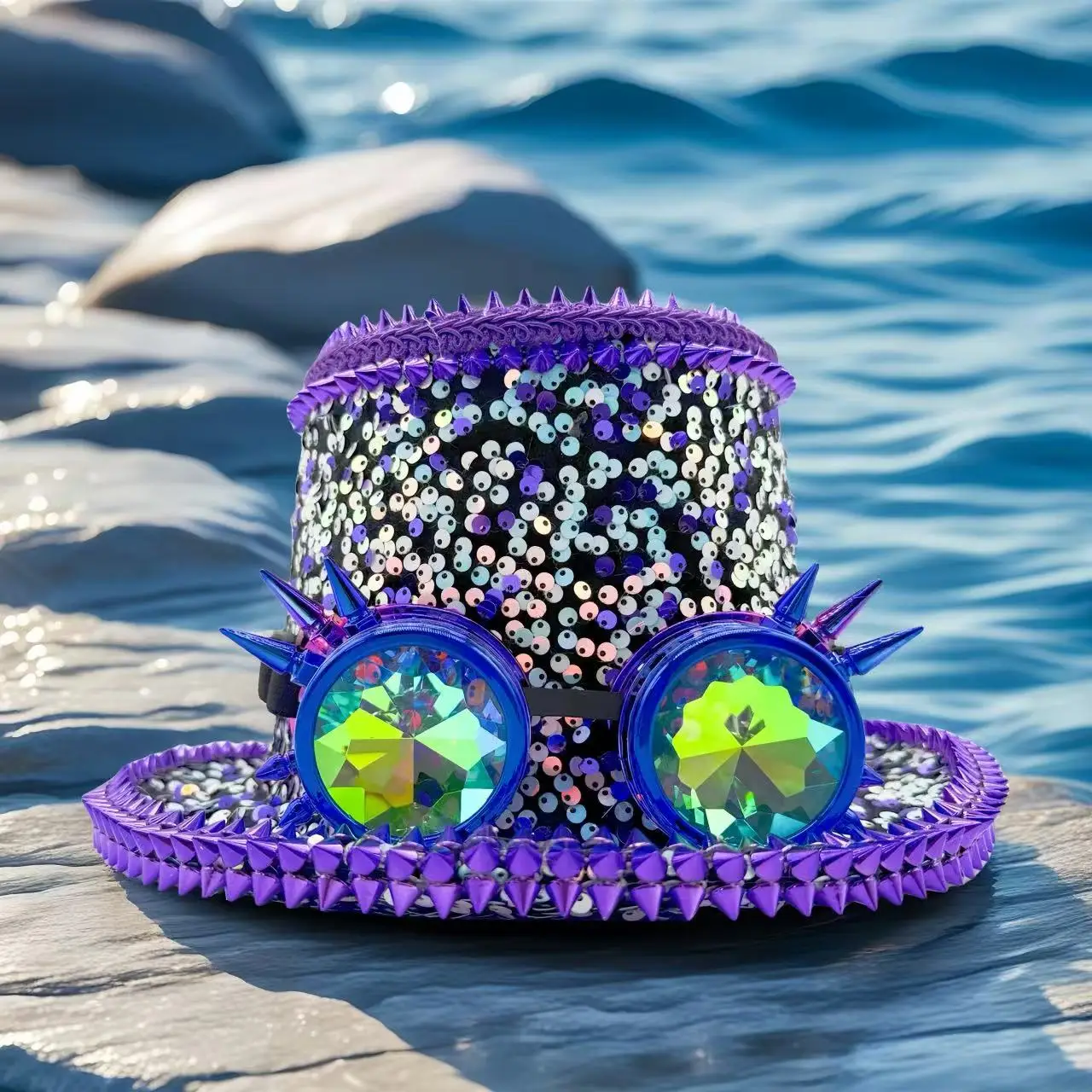 HongLuan Violet Steampunk Top Hats for Man , Sequin Festival Top Hat for Woman with Goggles, Vintage Burningman Outfit for Women