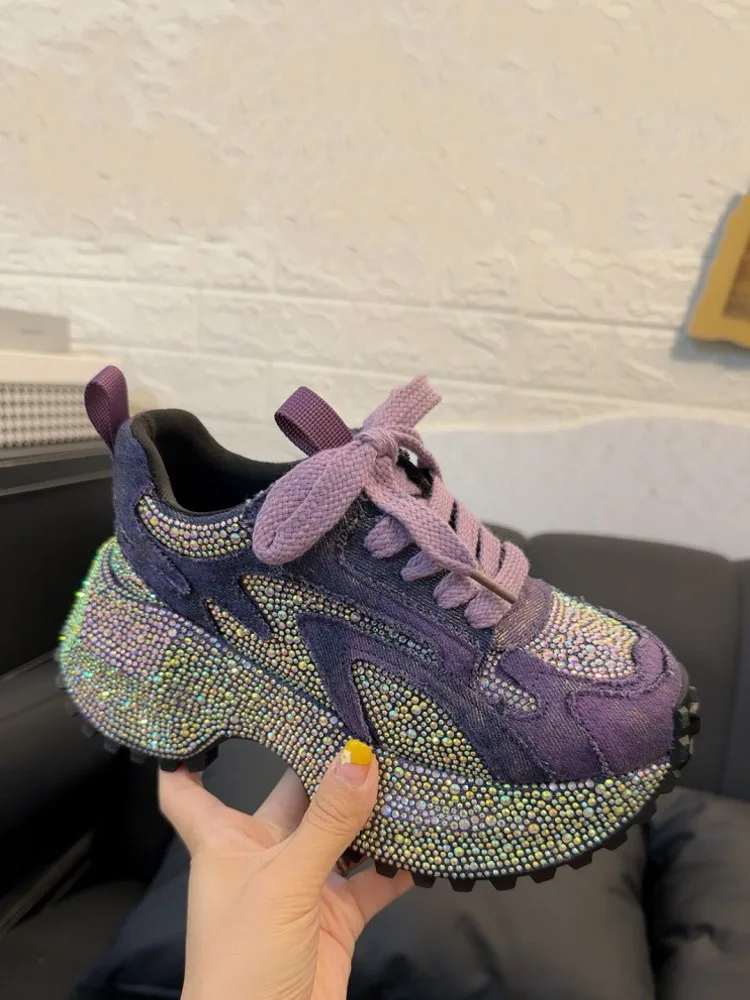 Comfortable Lady Sequin Diamond Lace Up Denim Spliced Mesh Height Increasing Thick Platform Pumps Casual Sneakers Fashion Shoes view 3