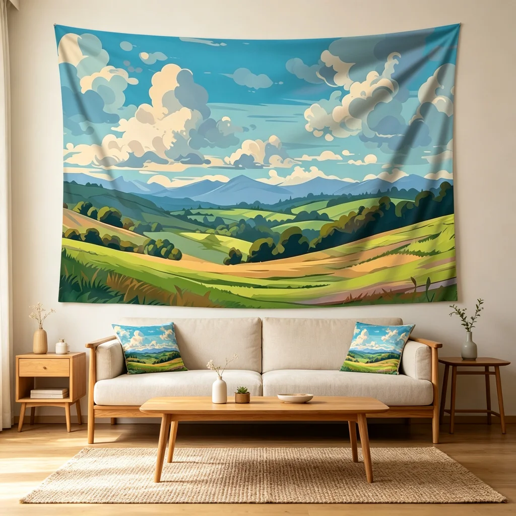 1PC Green Hill Field Anime View Print Backdrop Banner, Bedroom Living Room Photo Background, Polyester, Home Decor, Wall Art