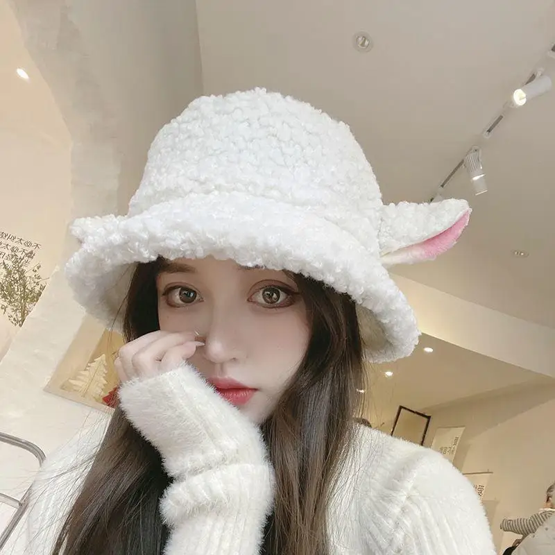 Women Autumn Winter Faux Lamb Sheep Ears Fisherman caps Cute Sweet Plush White Panama Bucket Hat