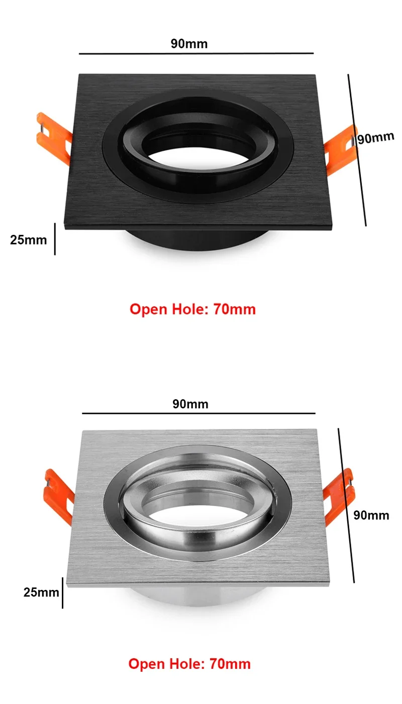 Spot Lumineux Encastrable Carré Noir et Argent avec Cadre Réglable, Support d'Ampoule, GU10, MR16