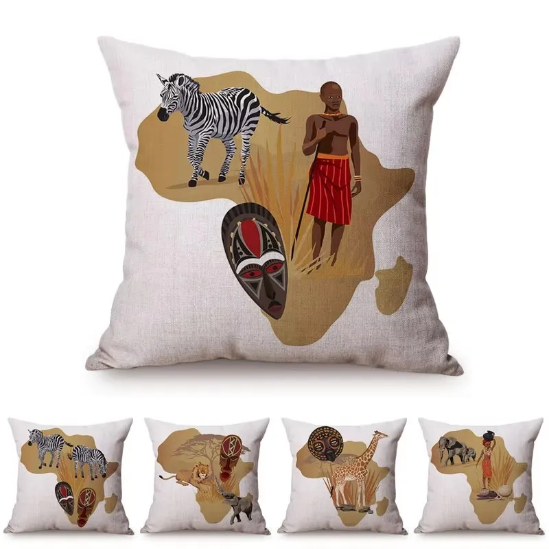 Africa Map Tradition Sofa Decoration Throw Pillow Case African Nation Mask Animals Style Cotton Linen Cushion Cover