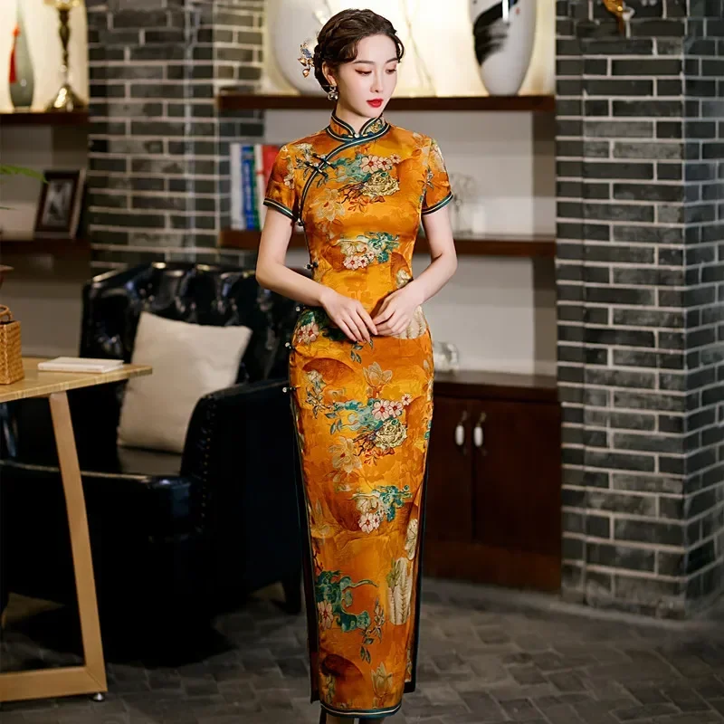 

Oversize Print Flower Satin Lady Qipao Traditional Chinese Long Dress Sexy Slim Split Cheongsam Vintgae Classic Oriental Costume