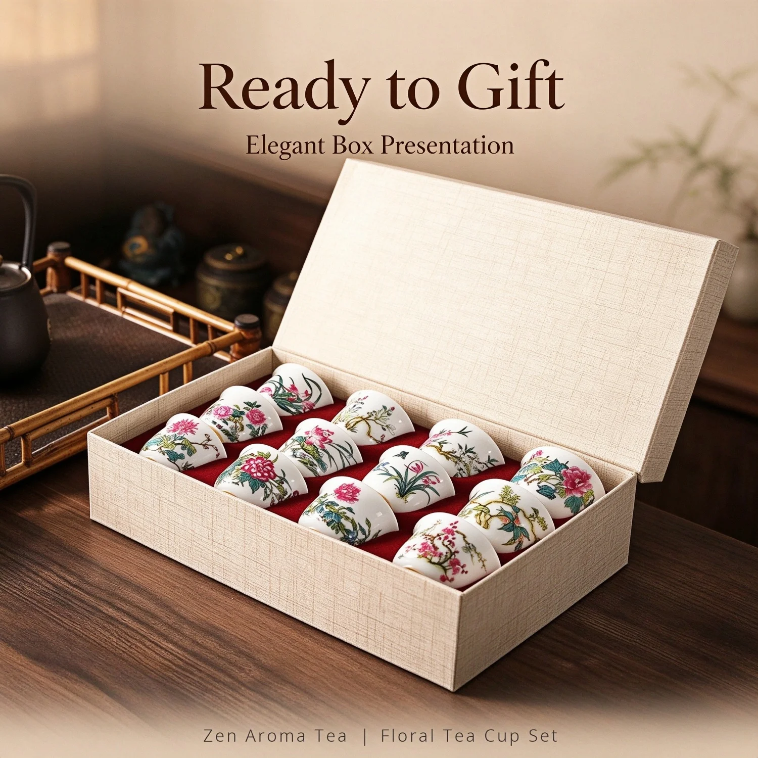 Elegant 12Pcs Chinese Famille Rose Enamel Porcelain Floral Tea Cup Set Master Cup Gift Box for Kung Fu Tea Ceremony Home Office