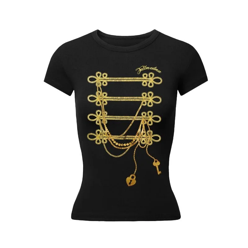 Vintage Gold Chain Lock Key Rhinestone Print T Shirt Women Cap Sleeve Crew Neck Slim Cropped Short Sleeve Daily Streetwear Tee