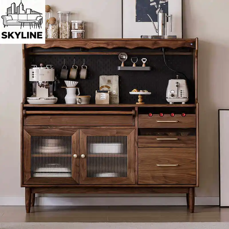 Black walnut dining side cabinet Solid wood integrated wall bar counter Tea cabinet Storage storage cabinet