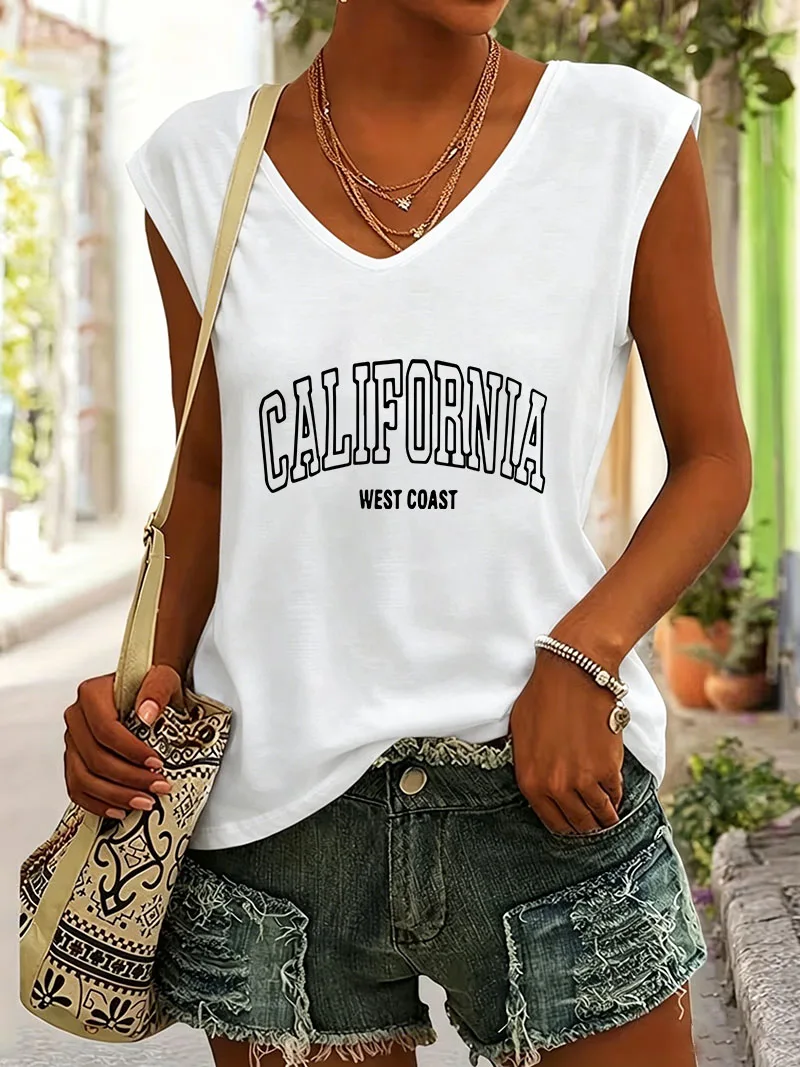 California West Coast Letter Printed Graphic Tank Top T-shirt V Neck Casual Fashion Vest T Shirts Women Tee Shirt Summer