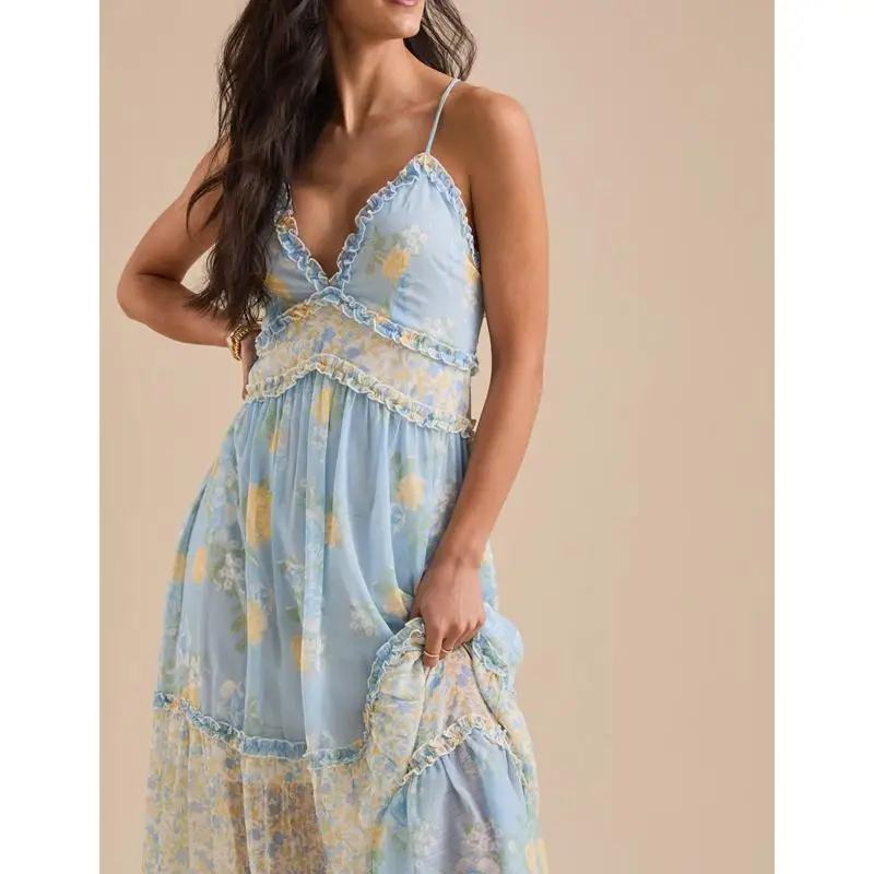 Combhasaki Women Summer Ruffled Frills Trim V-Neck Adjustable Shoulder Straps Backless Cross A-line Floral Long Dress Beachwear