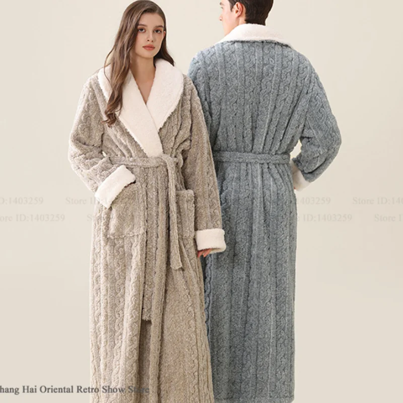 Thicken Coral Fleece Couple Long Robe Sleepwear Autumn Winter Warm Bathrobe Kimono Gown Nightwear Loose Home Clothes Loungewear