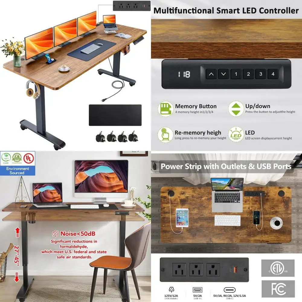 مكتب قائم كهربائي 63 × 24 مع منافذ، مكتب دوار مع لوحة ماوس كبيرة الحجم، 2 منفذ USB و3 منافذ طاقة، Hei مريح