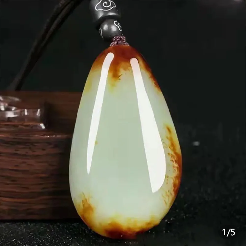 

Xinjiang Hetian color seed raw stone pendant for couples with leather and jade necklace