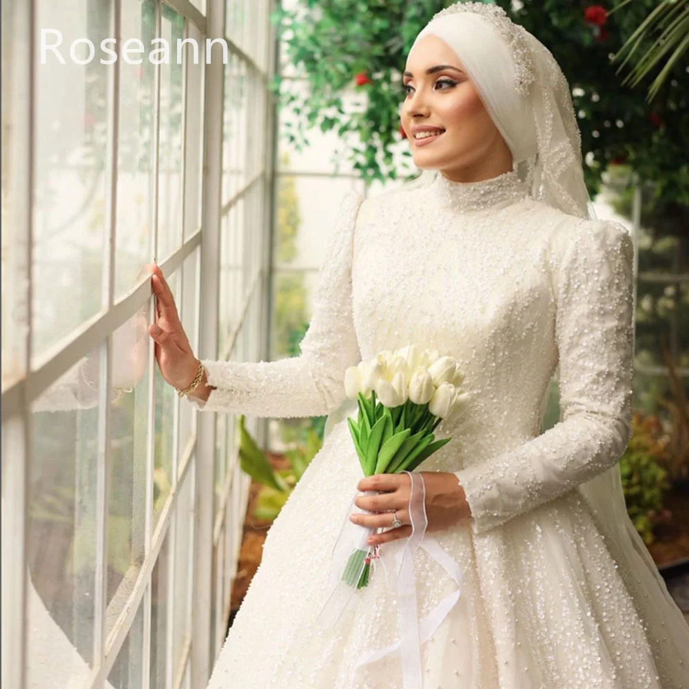 Muslim High Quality A-line Wedding Dresses High Collar Applique Paillette Satin  Full Brideing Gown Floor Length robe de mariée