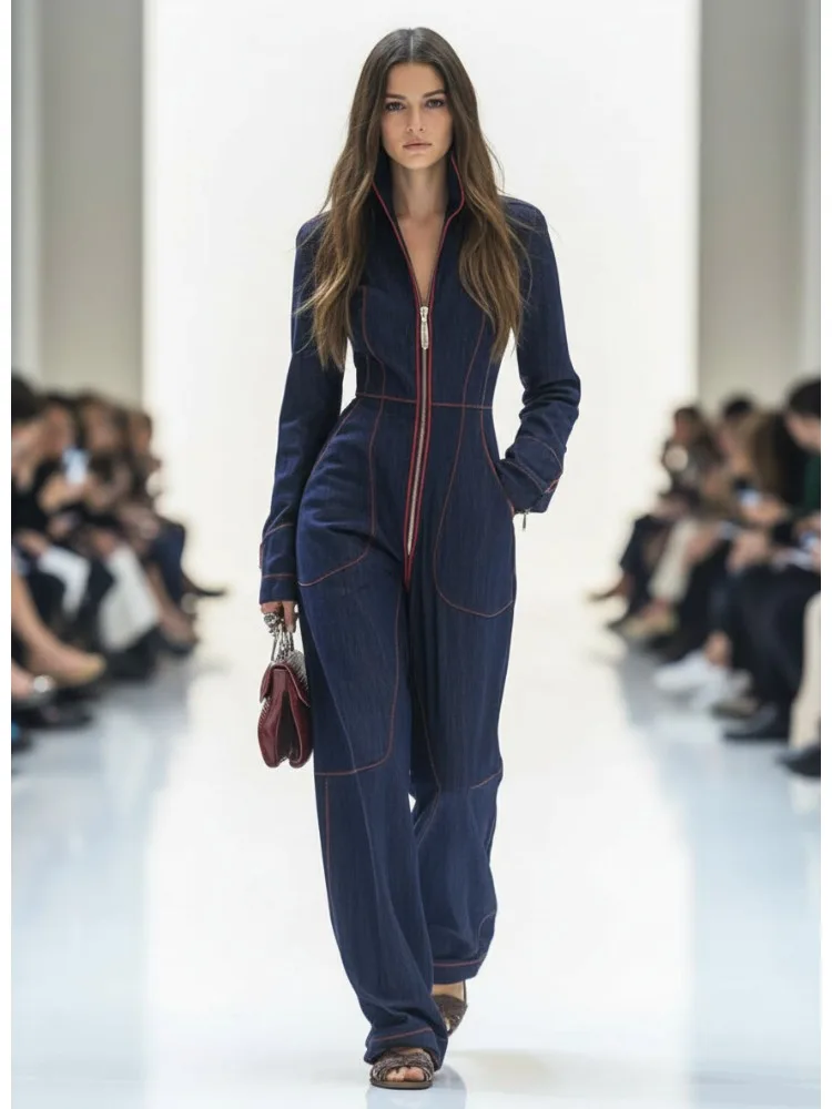 Freeacy Women's Navy Denim Jumpsuit Red Contrast Stitching Zippered Wide Leg One-piece Suit Loose Fit Casual Coveralls