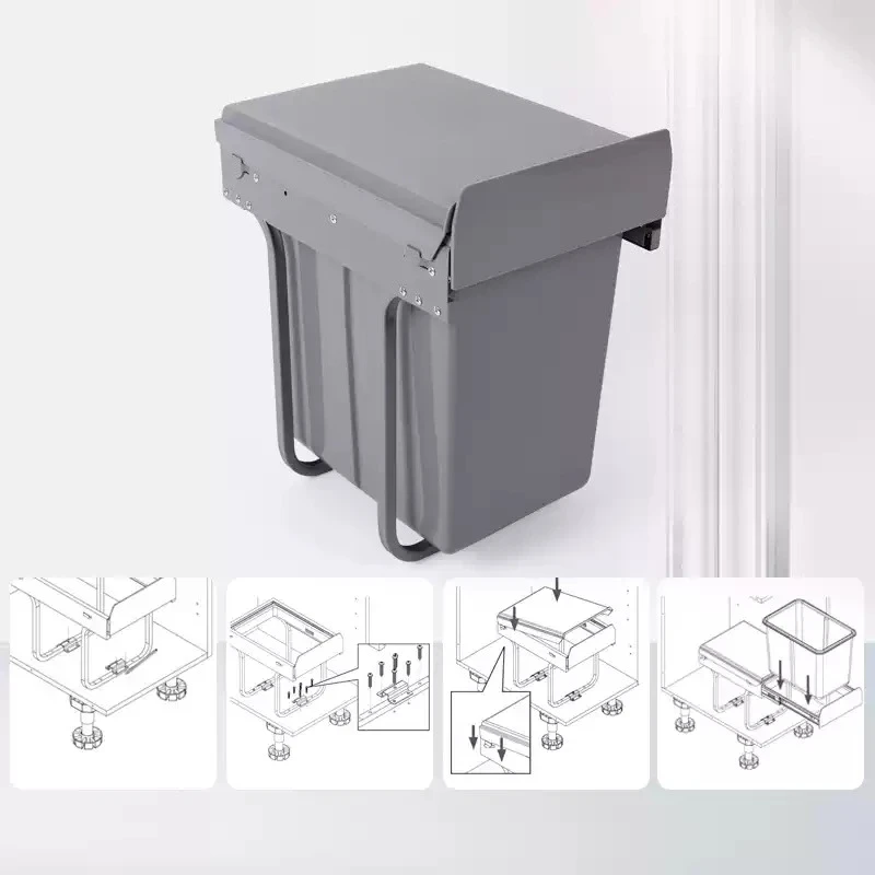 Kitchen Built-in Trash Can 20L Single Hidden Bin Pull-out Telescopic Rail With Lid Concealed Cabinet Garbage Bucket