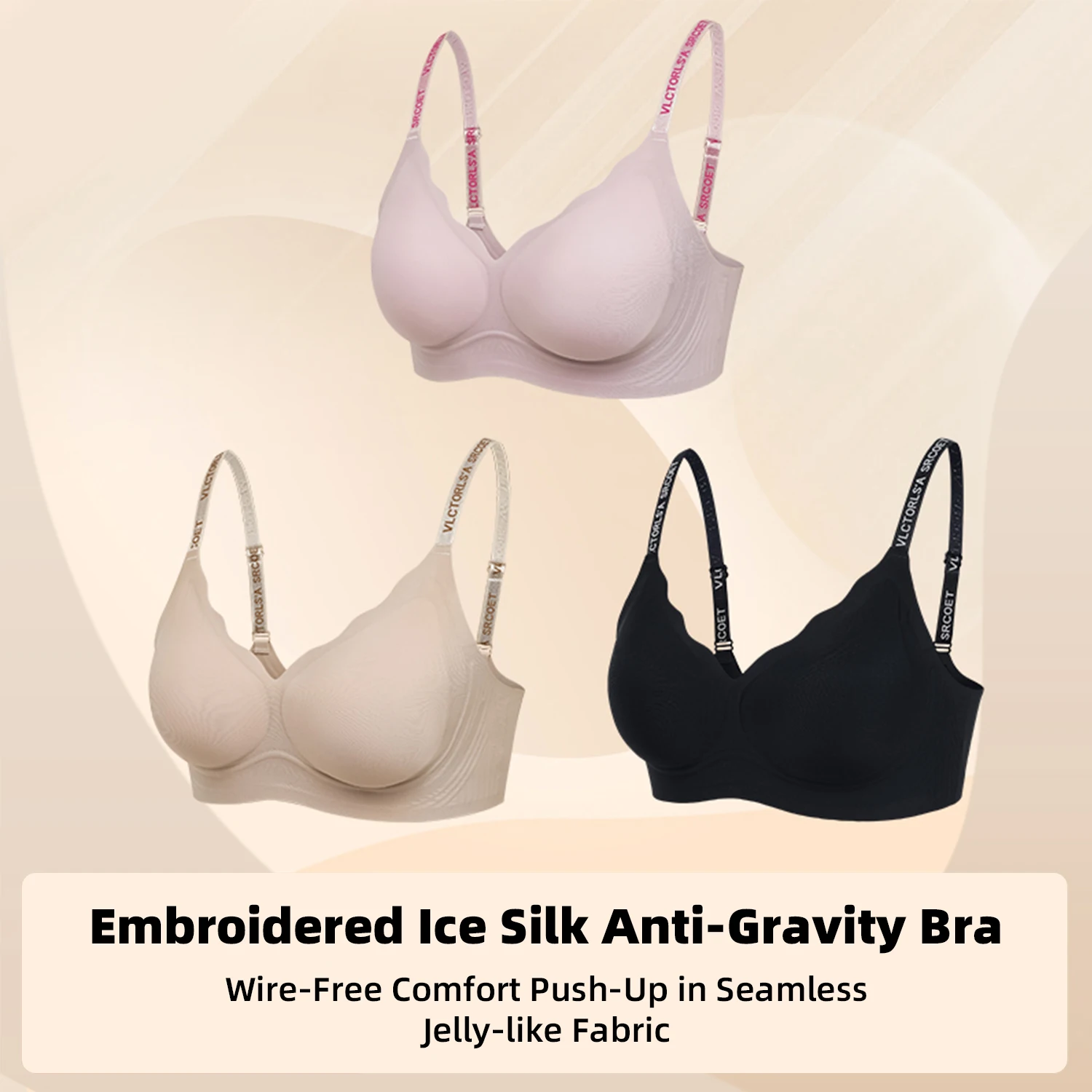 Women Fashionable Lightweight Embroidered Straps Backless Underwear Wire-Free Push-Up Invisible Jelly-Like Cool & Breathable Bra